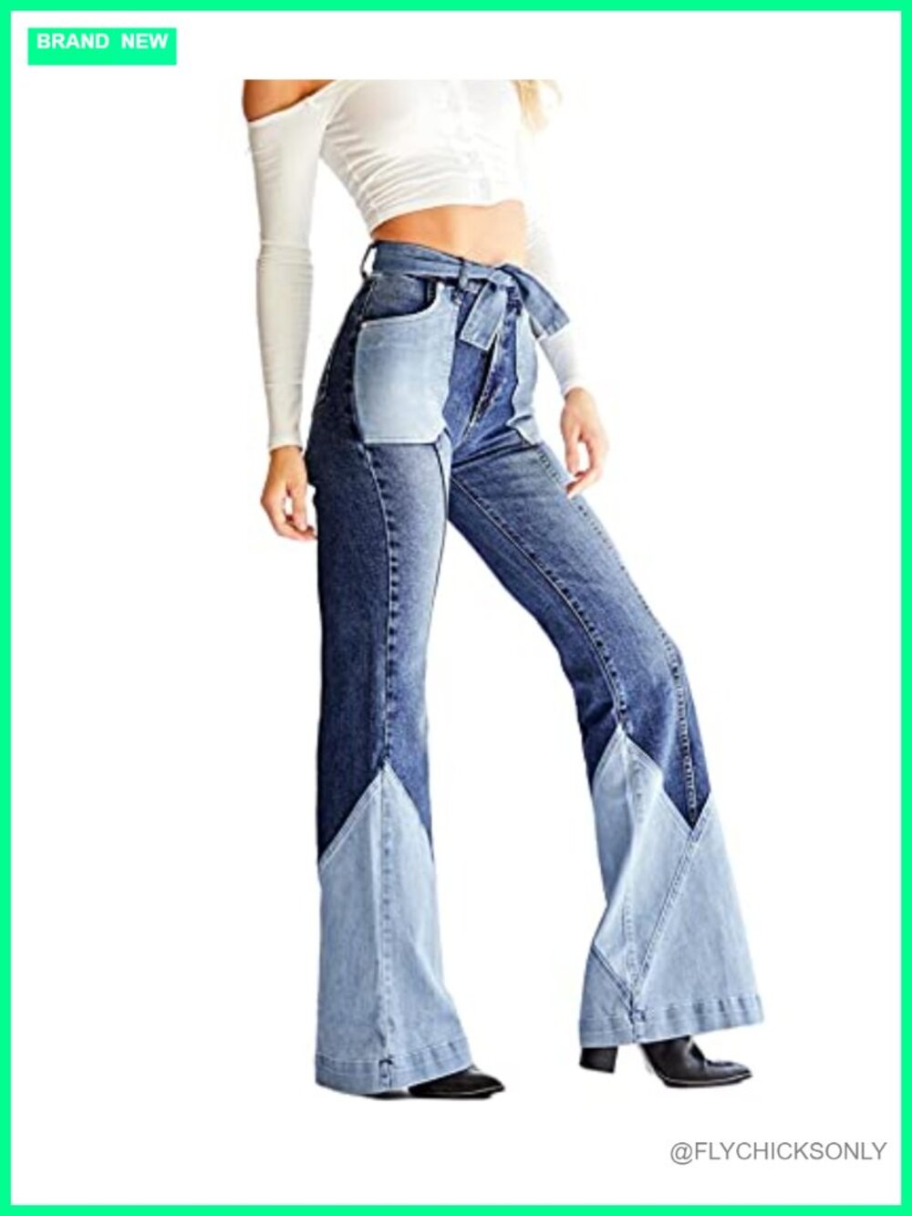 High Waisted Patchwork Flare Jeans Belted Bell Bottom Retro Denim Pants
